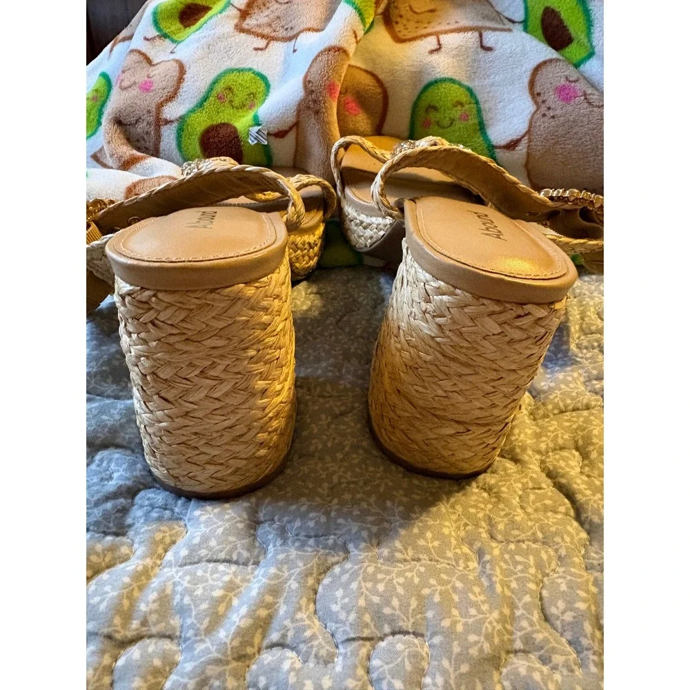 Abound Ronda Natural Raffia Crystal Buckle Platform Block Heel Sandals Womens 10